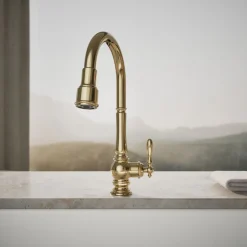 Pull-down kitchen sink faucet with three-function sprayhead