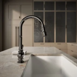 Pull-down kitchen sink faucet with three-function sprayhead