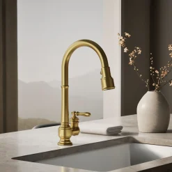 Pull-down kitchen sink faucet with three-function sprayhead