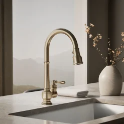 Pull-down kitchen sink faucet with three-function sprayhead