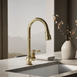 Pull-down kitchen sink faucet with three-function sprayhead