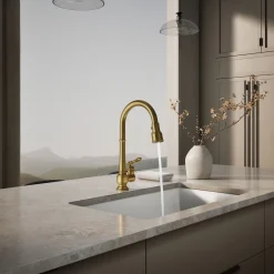 Pull-down kitchen sink faucet with three-function sprayhead