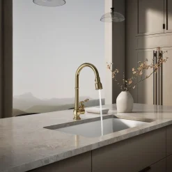 Pull-down kitchen sink faucet with three-function sprayhead