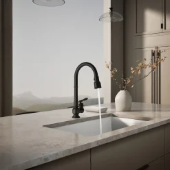 Pull-down kitchen sink faucet with three-function sprayhead