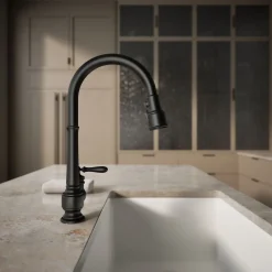 Pull-down kitchen sink faucet with three-function sprayhead
