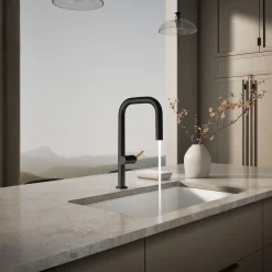 Pull-down kitchen sink faucet with two-function sprayhead