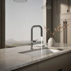 Pull-down kitchen sink faucet with two-function sprayhead