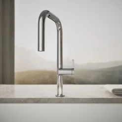Pull-down kitchen sink faucet with two-function sprayhead