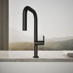 Pull-down kitchen sink faucet with two-function sprayhead