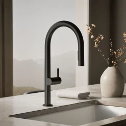 Pull-down kitchen sink faucet with two-function sprayhead