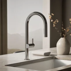 Pull-down kitchen sink faucet with two-function sprayhead