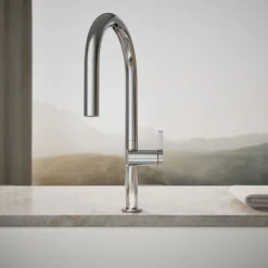 Pull-down kitchen sink faucet with two-function sprayhead