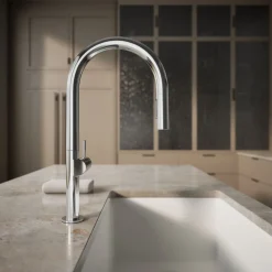 Pull-down kitchen sink faucet with two-function sprayhead