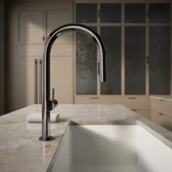 Pull-down kitchen sink faucet with two-function sprayhead