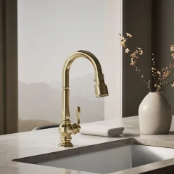 Pull-down kitchen sink faucet with three-function sprayhead