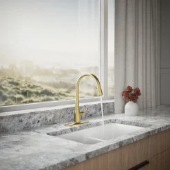 Pull-down kitchen sink faucet with three-function sprayhead