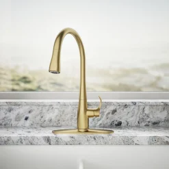 Pull-down kitchen sink faucet with three-function sprayhead