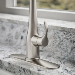 Pull-down kitchen sink faucet with three-function sprayhead