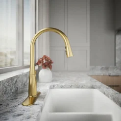 Pull-down kitchen sink faucet with three-function sprayhead