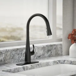 Pull-down kitchen sink faucet with three-function sprayhead