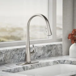 Pull-down kitchen sink faucet with three-function sprayhead