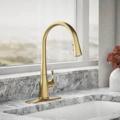 Pull-down kitchen sink faucet with three-function sprayhead