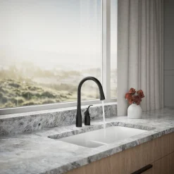Pull-down kitchen sink faucet with three-function sprayhead