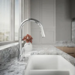 Pull-down kitchen sink faucet with three-function sprayhead