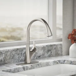 Pull-down kitchen sink faucet with two-function sprayhead