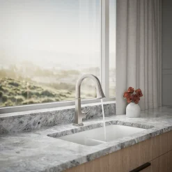 Pull-down kitchen sink faucet with three-function sprayhead