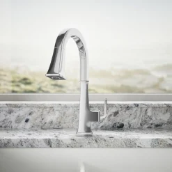 Pull-down kitchen sink faucet with three-function sprayhead