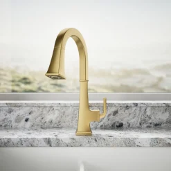 Pull-down kitchen sink faucet with three-function sprayhead