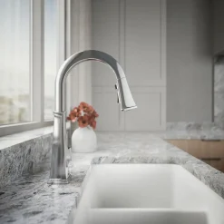Pull-down kitchen sink faucet with three-function sprayhead