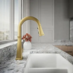 Pull-down kitchen sink faucet with three-function sprayhead
