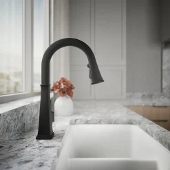 Pull-down kitchen sink faucet with three-function sprayhead