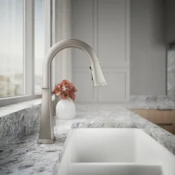Pull-down kitchen sink faucet with three-function sprayhead
