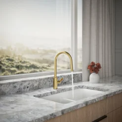 Pull-down kitchen sink faucet with two-function sprayhead