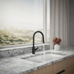 Pull-down kitchen sink faucet with two-function sprayhead