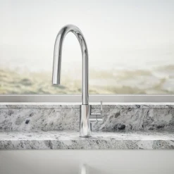Pull-down kitchen sink faucet with two-function sprayhead