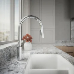 Pull-down kitchen sink faucet with two-function sprayhead
