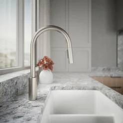 Pull-down kitchen sink faucet with two-function sprayhead