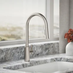 Pull-down kitchen sink faucet with two-function sprayhead