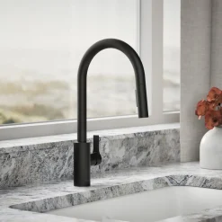 Pull-down kitchen sink faucet with two-function sprayhead