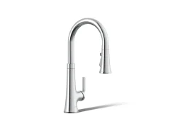 Pull-down kitchen sink faucet with three-function sprayhead