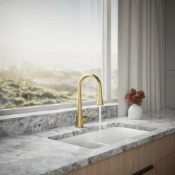 Pull-down kitchen sink faucet with three-function sprayhead