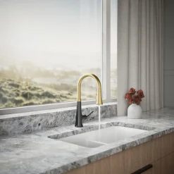 Pull-down kitchen sink faucet with three-function sprayhead