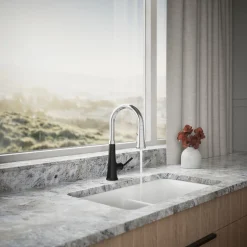 Pull-down kitchen sink faucet with three-function sprayhead