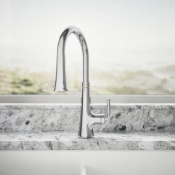 Pull-down kitchen sink faucet with three-function sprayhead