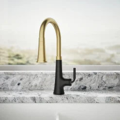 Pull-down kitchen sink faucet with three-function sprayhead