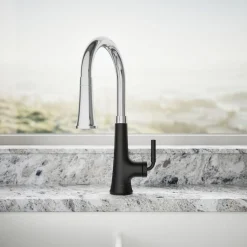 Pull-down kitchen sink faucet with three-function sprayhead